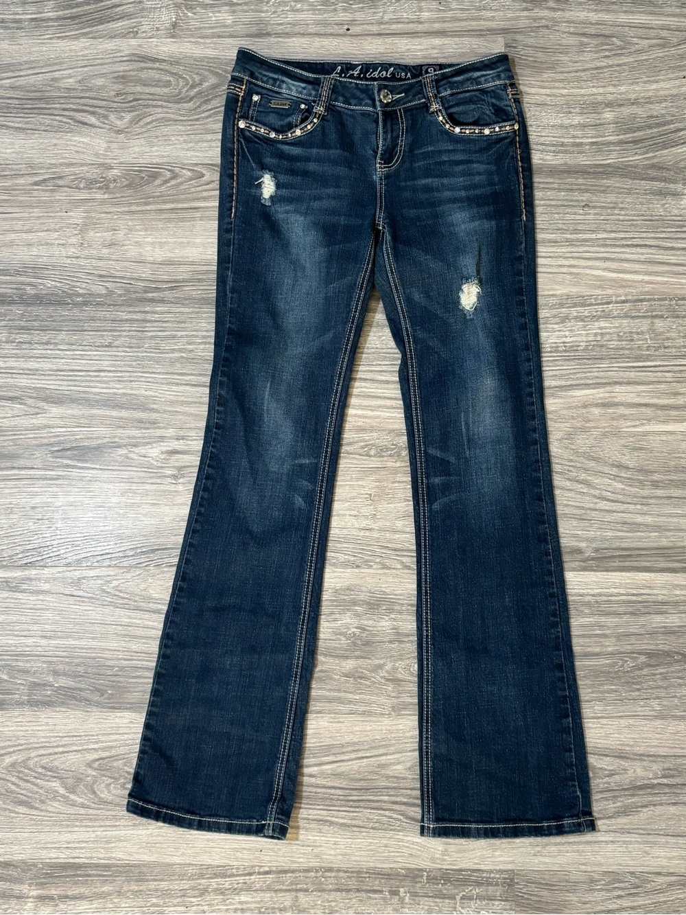 L.A. idol Dark Blue Flare Jeans with Distressed Detail
